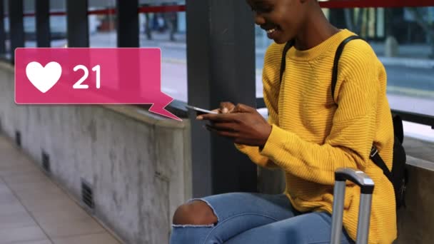 Digital Composite African American Woman Texting While Sitting Bench Her — Stock Video