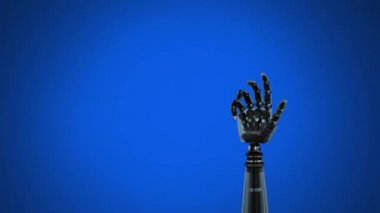 Mavi arka plan üzerinde bir robot kol dijital animasyon. El yavaşça kapanır ve avucunu açar..