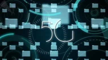 Dosya klasörü simgeleri ve 5g okuyan bir metin ile bir devre kartı şeklinde bir kilit dijital animasyon. Dönen diskler arka planda görülür.