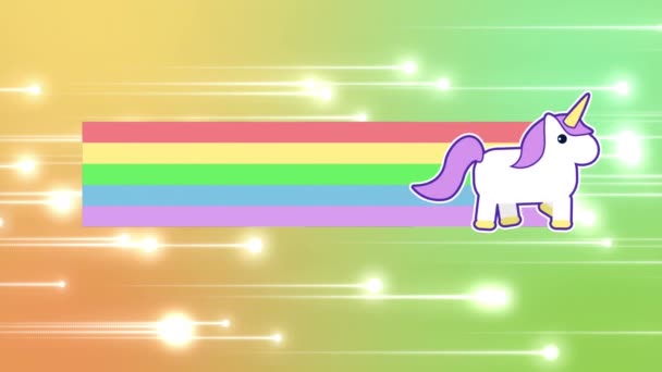 Animación Digital Unicornio Corriendo Por Pantalla Dejando Atrás Arco Iris — Vídeos de Stock