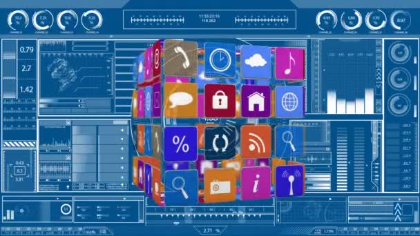 Animation Numérique Icônes Internet Symboles Sur Cube Fond Est Écran — Video