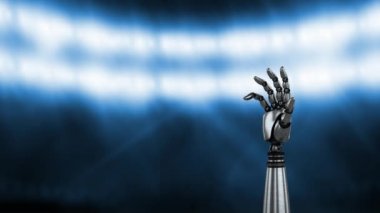Parlak nokta ışıkları altında dönen robot kolunun dijital animasyonu. El yavaşça açılır ve avucunu kapatır.