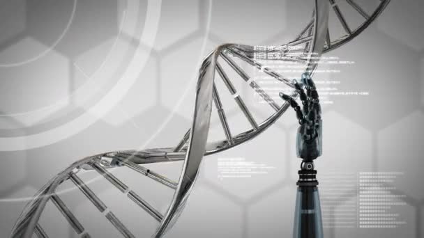 Digitale Animatie Van Robotarm Naast Dna Helix Gesequentieerde Achtergrond Robotarm — Stockvideo