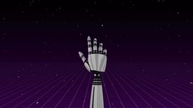Robot kolunun kapama ve yumruğunu açmanın dijital animasyonu. Arka plan yıldızlarla karanlık bir dış uzay