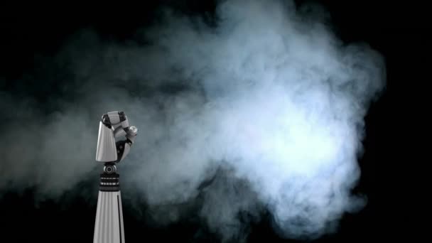 Digitale Animation Des Roboterarms Auf Rauchschwarzem Hintergrund Der Arm Schließt — Stockvideo