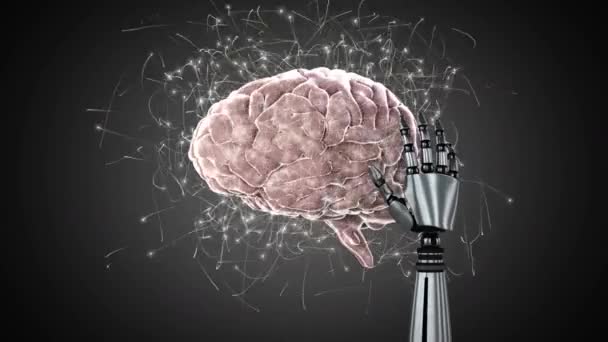 Цифровая Анимация Мозга Вращающимися Нейронами Рядом Ним Серая Рука Робота — стоковое видео