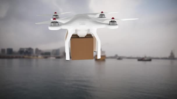 Animação Digital Drone Transportando Pacote Direção Cidade Sobre Água Barcos — Vídeo de Stock