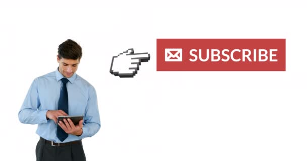Digital Animation Subscribe Button Hand Icon Pointing Button Caucasian Businessman — Stock Video