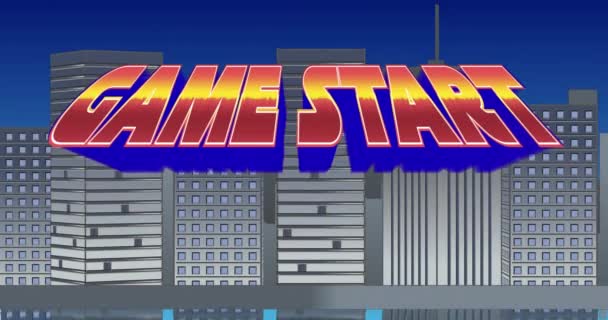点滅しながら画面をズームするゲームスタートサインのデジタルアニメーションと青空4Kの灰色の建物の背景 — ストック動画