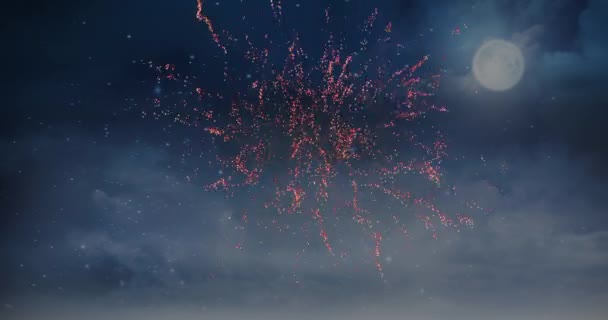 Digital Animation Red Fireworks Exploding Dark Sky Clouds Moon — Stock Video