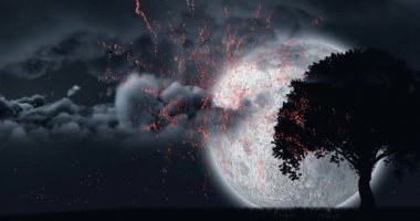 Kırmızı havai fişek lerin patlayan dijital animasyonu ve bulutlu bir ağacın siluetinin arkasındaki parlayan ayın arka planı