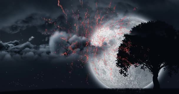Cyfrowa Animacja Czerwonych Fajerwerków Eksploduje Tło Świecącego Księżyca Sylwetką Drzewa — Wideo stockowe