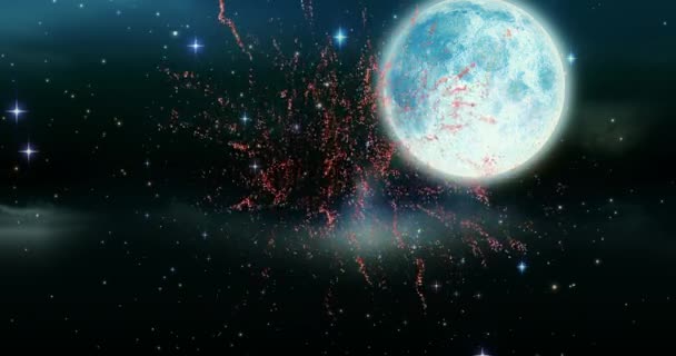 Animation numérique de feux d'artifice rouges explosant avec un fond de lune dans une galaxie avec des étoiles 4k 
