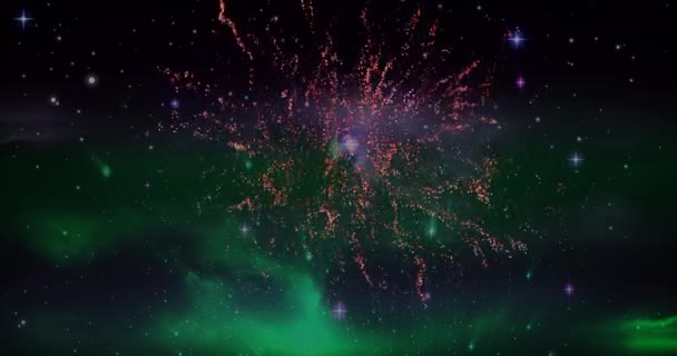 Digital Animation Red Fireworks Exploding Sky Galaxy Green Northern Lights — Stock Video