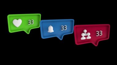 Kalp dijital animasyon, bildirmek ve artan sayısı ile semboller abone. Arka plan siyah. Simge sosyal medyada kullanılır