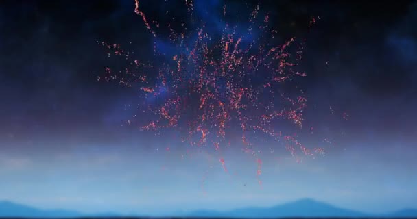 Animação Digital Fogos Artifício Vermelhos Explodindo Céu Escuro Com Nuvens — Vídeo de Stock