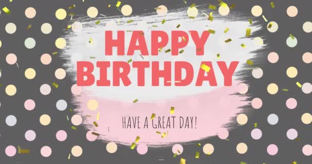 Digitális animáció egy boldog születésnapot, van egy nagy nap üdvözlő egy szürke háttér pasztell színű kör minták míg arany konfetti esik 4k