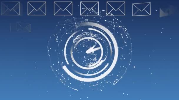 Digital Animation Message Icons Filling Background While Clock Runs Foreground — Stock Video