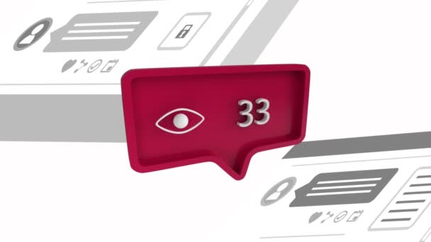 在红色消息气泡中增加计数的眼图标的数字动画 背景有社交媒体帖子和评论 该图标用于社交媒体 — 图库视频影像