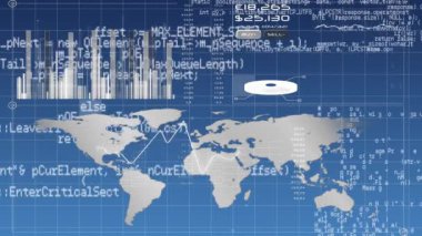 Bir ekranda dünya haritasıdijital animasyon grafikler ve istatistikler dolu. Program kodları da ekranda çalışıyor