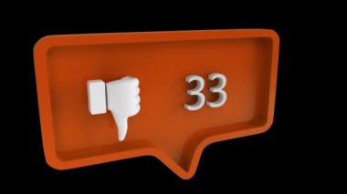 İleti balonu artan sayısı ile bir sevmeme simgesinin dijital animasyon. Arka plan siyah. Simge sosyal medya ile ilgilidir