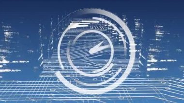 Beyaz anahatları ile bir dijital şehrin dijital animasyon. Sokaklar ve binalar parlayan devre tahtalarından yapılmıştır. Ön planda bir saat çalışıyor