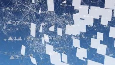 Bir bulut oluşturmak için bir araya gelen küçük parçaların dijital bileşimi. Arkasında borsa numaraları ile dolu bir arka plan üzerinde bağlı çizgilerbir ağ