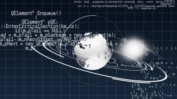 旋转地球的数字动画 背景有网格线和接口代码 — 图库视频影像