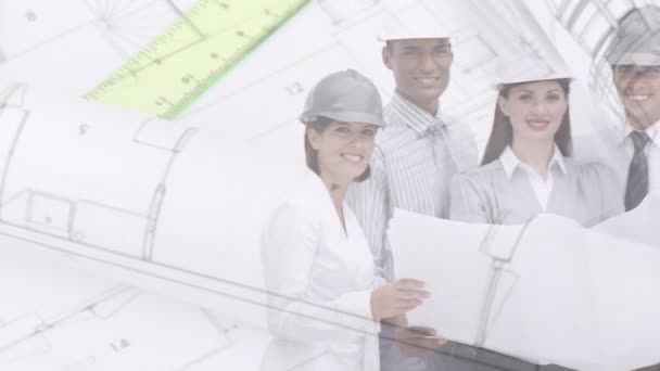 Composto Digital Grupo Arquitetos Engenheiros Segurando Plano Construção Primeiro Plano — Vídeo de Stock