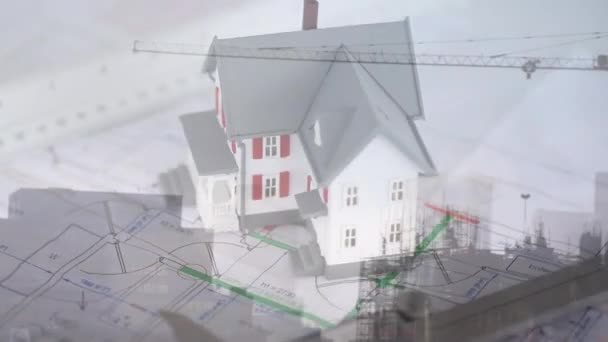 Digital Animation House Model Foreground Building Construction Site Crane — Stock Video