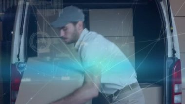 Beyaz bir erkek bir teslimatçının minibüsten paketleri boşaltırken dijital animasyonu. Ön planda bağlı çizgiler ve grafikler vardır