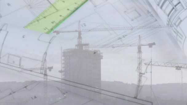 Composite Numérique Une Règle Dessus Des Plans Construction Site Construction — Video