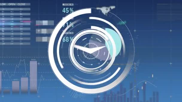 Animación Digital Reloj Corriendo Detrás Hay Gráficos Estadísticas Con Mapa — Vídeo de stock