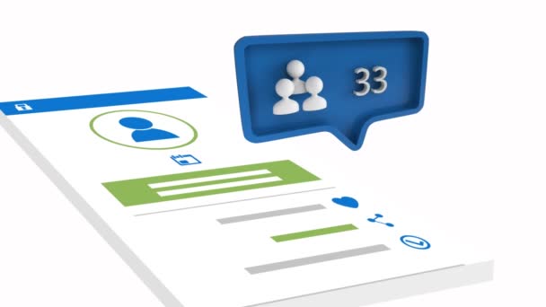 digitale Animation eines Abonnentensymbols mit steigender Anzahl in einer blauen Nachrichtenblase. Hintergrund sind Kommentare in sozialen Medien
