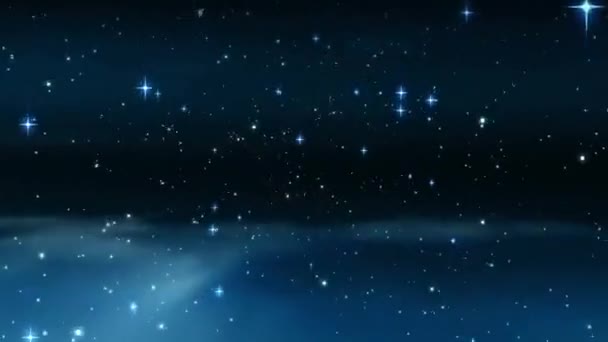 Animation numérique d'un ciel rempli d'étoiles. Des feux d'artifice éclatent alors au premier plan 