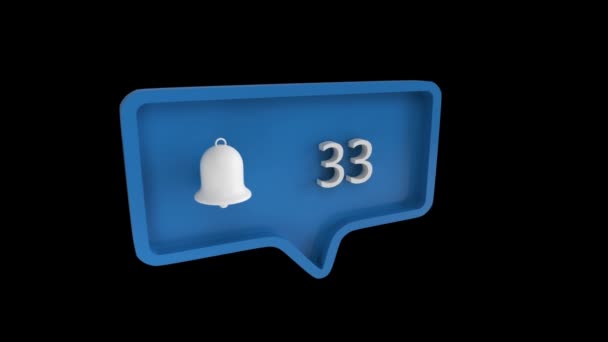 蓝色消息气泡中 钟形图标的数字动画在数量中增加 背景是黑色的 该图标来自社交媒体 — 图库视频影像