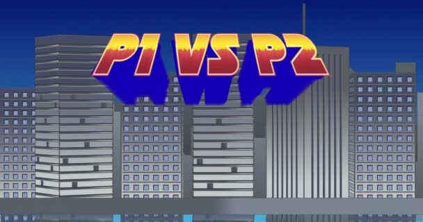 点滅しながら画面をズームするP1対P2サインのデジタルアニメーションと青空4Kの灰色の建物の背景 — ストック動画