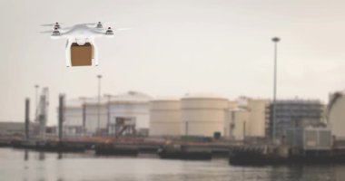 Kahverengi bir kutu taşıyan ve bir port 4k gezinen beyaz bir drone dijital animasyon