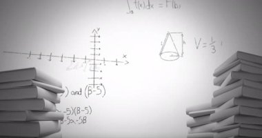 Matematiksel denklemler ve grafikler beyaz arka plan 4k karşı ekranda hareket ederken beyaz kitap yığınıdijital animasyon