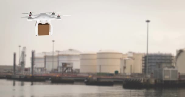 Digital Animation White Drone Carrying Brown Box Hovering Port — Stock Video
