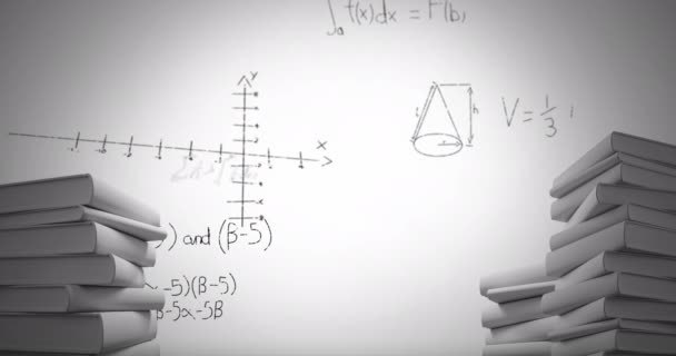 Digital Animation Pile White Books While Mathematical Equations Graphs Move — Stock Video