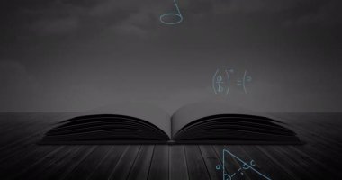 Matematiksel denklemler ve rakamlar siyah arka plan 4k hareket ederken bir tabloda açık bir kitabın dijital animasyon