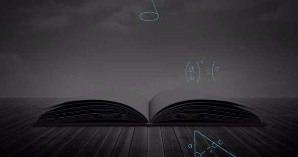 Animación Digital Libro Abierto Una Tabla Mientras Que Las Ecuaciones — Vídeo de stock