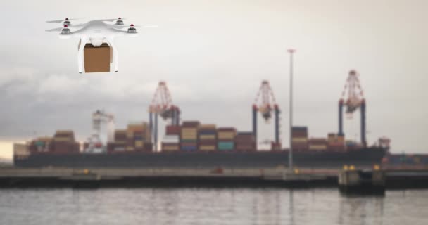 Animación Digital Dron Blanco Llevando Una Caja Marrón Flotando Puerto — Vídeo de stock