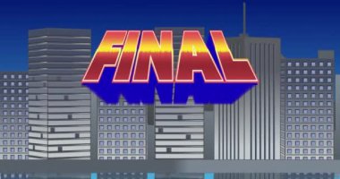 Yanıp sönme sırasında ekranda yakınlaştırma bir Final Sign dijital animasyon ve mavi gökyüzü 4k ile gri binaların bir arka plan