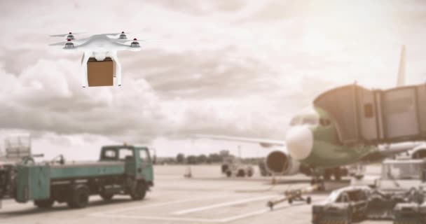 飛行機で空港でホバリングしながら茶色の箱を運ぶ白いドローンのデジタルアニメーション — ストック動画