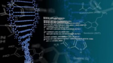 Koyu arka planda görüntülenen hareketli Dna, metin ve dijital verilerin animasyonu