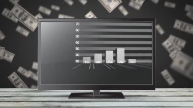 Düz ekran monitörde gri arka plana karşı görüntülenen ve izleyiciye doğru sürüklenen dolarlarla yukarı doğru dönen kırmızı okla büyümeyi gösteren gri çubuk grafiğin animasyonu