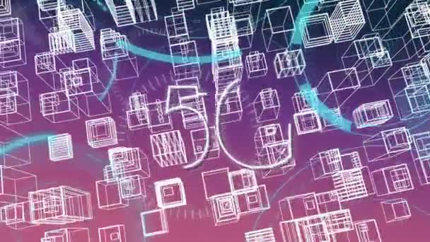 都市地図のオーバーヘッドビューのアニメーションと紫色の背景に5G技術 — ストック動画