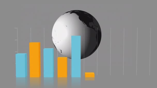 Animation Blue Yellow Graphs Globe Spinning Gray Background — Stock Video